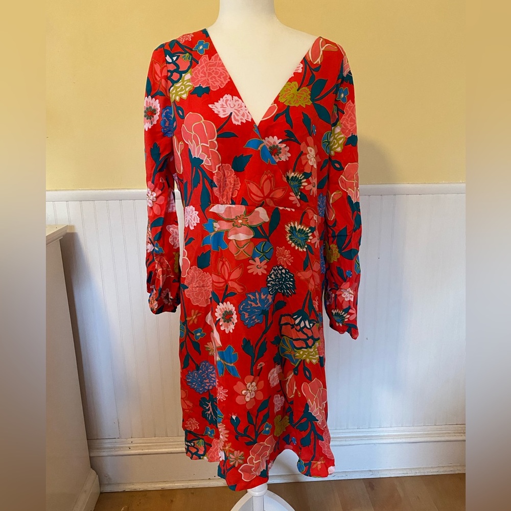 J Crew Red Floral V-neck Mini Dress, new with tags, Size 14